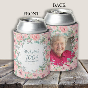 Rafraîchisseur Pour Canette Roses Florales Roses 100e Anniversaire Nom Photo