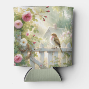 Rafraîchisseur Pour Canette Scène aquarelle de rose de jardin et d'oiseau