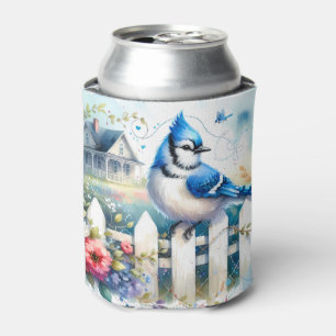 Rafraîchisseur Pour Canette Scène de clôture de jardin de cottage au geai bleu