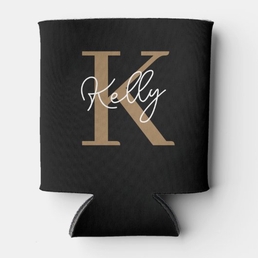 Rafraîchisseur Pour Canette Script de monogramme d'or noir moderne (Devant)