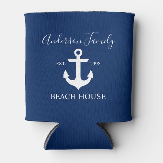 Rafraîchisseur Pour Canette Script élégant Ancre nautique Beach House Blue (Devant)