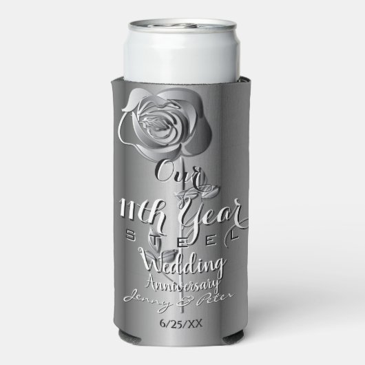 Rafraîchisseur Pour Canette Slim 11e année Mariage Anniversaire Rose en acier (Seltzer Verso)