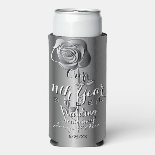 Rafraîchisseur Pour Canette Slim 11e année Mariage Anniversaire Rose en acier (Seltzer Recto)