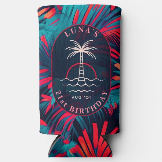 Rafraîchisseur Pour Canette Slim Anniversaire Beach party Palm tree coucher de sole (Recto)
