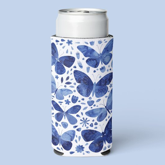Rafraîchisseur Pour Canette Slim Aquarelle papillon Indigo Blue