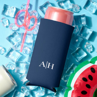 Rafraîchisseur Pour Canette Slim Bleu et blanc de la Marine, Monogramme moderne