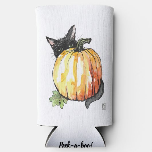 Rafraîchisseur Pour Canette Slim Chat noir derrière Citrouille Slim Seltzer Can Koo (Recto)