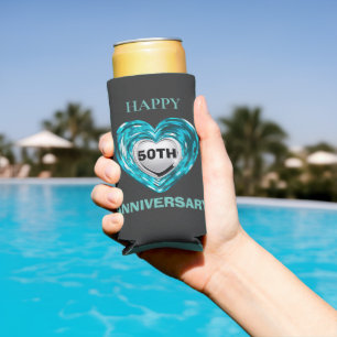 Rafraîchisseur Pour Canette Slim Coeurs turquoises et argentés, 50e anniversaire de