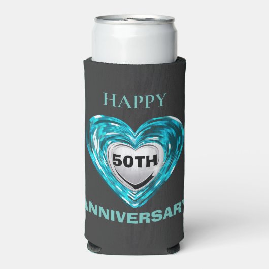 Rafraîchisseur Pour Canette Slim Coeurs turquoises et argentés, 50e anniversaire de (Seltzer Recto)