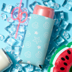 Rafraîchisseur Pour Canette Slim Coquillages et Étoiles de Mer Motif Bleu Clair