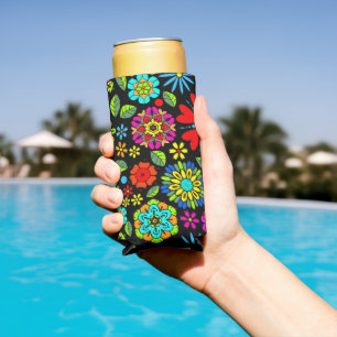 Rafraîchisseur Pour Canette Slim Couleurs Néon Sur Noir Retro Floral Motif sans cou