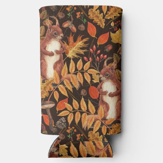 Rafraîchisseur Pour Canette Slim Écureuils automnaux et flore sur brun foncé (Verso)