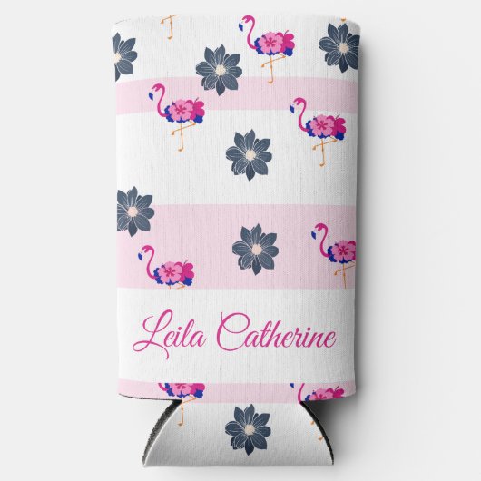 Rafraîchisseur Pour Canette Slim Flamant rose et fleur bleue motif rayures blanches (Recto)