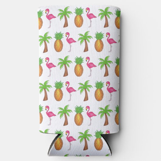 Rafraîchisseur Pour Canette Slim Flamant rose rose Tropical Island Palm Tree Ananas (Recto)