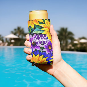 Rafraîchisseur Pour Canette Slim Fleurs violettes et tournesols jaunes Personnalisé