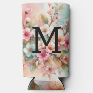 Rafraîchisseur Pour Canette Slim Floral watercolor monogram pink cherry blossoms 