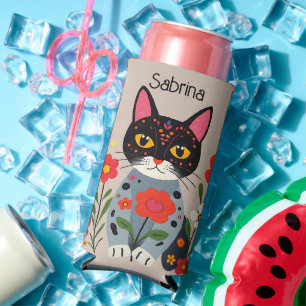 Rafraîchisseur Pour Canette Slim Folk Art Chat noir et Fleurs Personnalisé