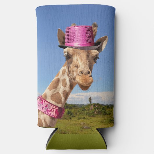 Rafraîchisseur Pour Canette Slim Giraffe en casquette rose étincelant (Recto)