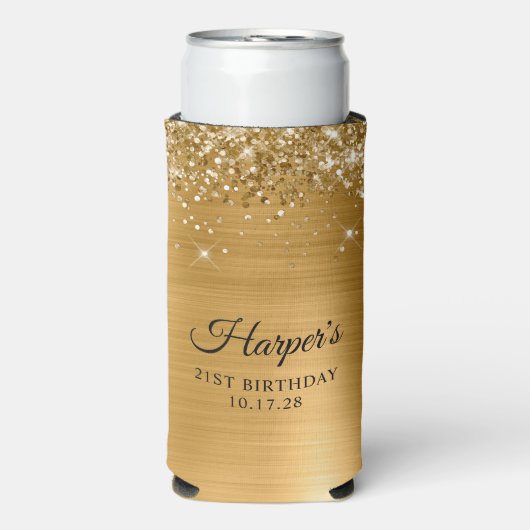 Rafraîchisseur Pour Canette Slim Glittery Gold Foil 21e anniversaire (Seltzer Recto)