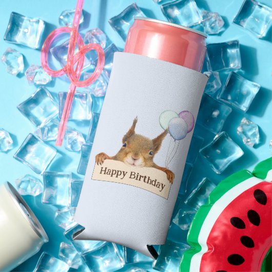 Rafraîchisseur Pour Canette Slim Joyeux Anniversaire Funny Squirrel Balloon Texte P (Été in situ)