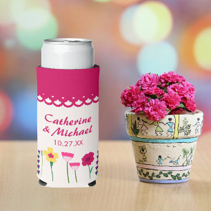 Rafraîchisseur Pour Canette Slim Mariage floral rose gras et brillant Fuchsia
