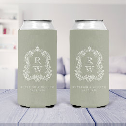 Rafraîchisseur Pour Canette Slim Monogram Crest Sage Green Wedding