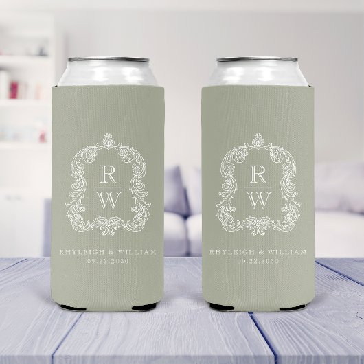 Rafraîchisseur Pour Canette Slim Monogram Crest Sage Green Wedding