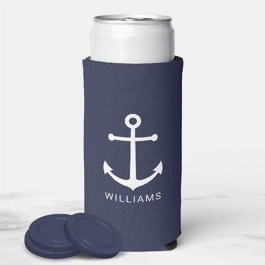 Rafraîchisseur Pour Canette Slim Nautical White Anchor and Custom Nom on Navy Blue