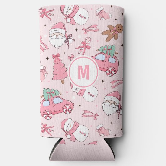 Rafraîchisseur Pour Canette Slim Noël rose sans couture personnalisable (Recto)