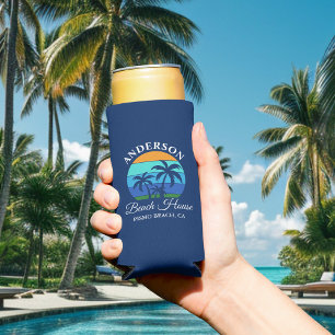 Rafraîchisseur Pour Canette Slim Nom de famille Beach House Sun Palm Trees Blue