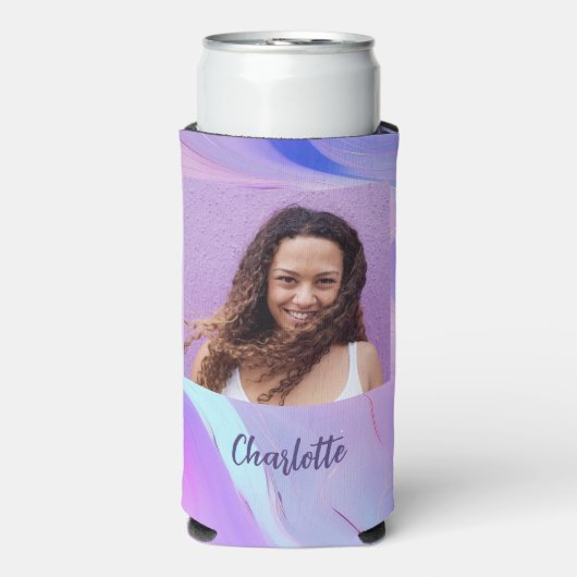 Rafraîchisseur Pour Canette Slim Nom de photo rose violet holographique (Seltzer Recto)