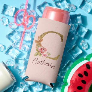 Rafraîchisseur Pour Canette Slim Nom personnalisé Blush Rose Pâle Lettre C en Or