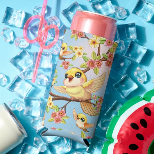 Rafraîchisseur Pour Canette Slim Oiseaux mignons et heureux parmi les fleurs du pri (Été in situ)