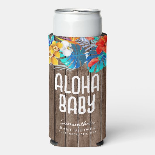 Rafraîchisseur Pour Canette Slim Palme Tropique Rustique Feuilles Aloha Baby shower (Seltzer Recto)