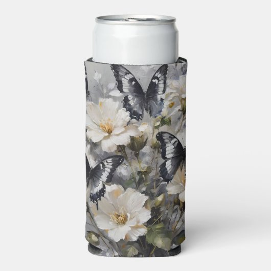 Rafraîchisseur Pour Canette Slim Papillons Noir Et Blanc Sur Fleurs Blanches, (Seltzer Recto)