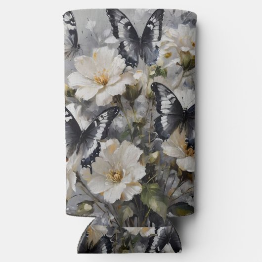 Rafraîchisseur Pour Canette Slim Papillons Noir Et Blanc Sur Fleurs Blanches, (Verso)