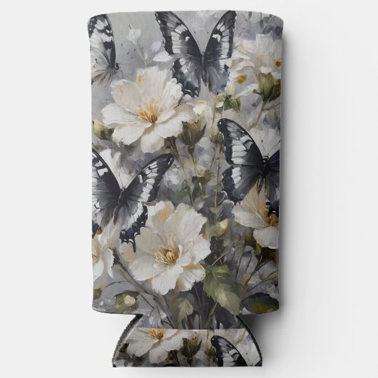 Rafraîchisseur Pour Canette Slim Papillons Noir Et Blanc Sur Fleurs Blanches, (Recto)