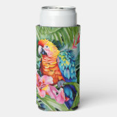 Rafraîchisseur Pour Canette Slim Perroquets verts, rouges, bleus et fleurs tropical (Seltzer Verso)