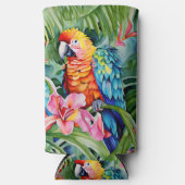 Rafraîchisseur Pour Canette Slim Perroquets verts, rouges, bleus et fleurs tropical (Recto)