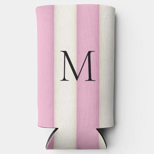 Rafraîchisseur Pour Canette Slim Pink & Antique White Stripes Monogramme (Recto)