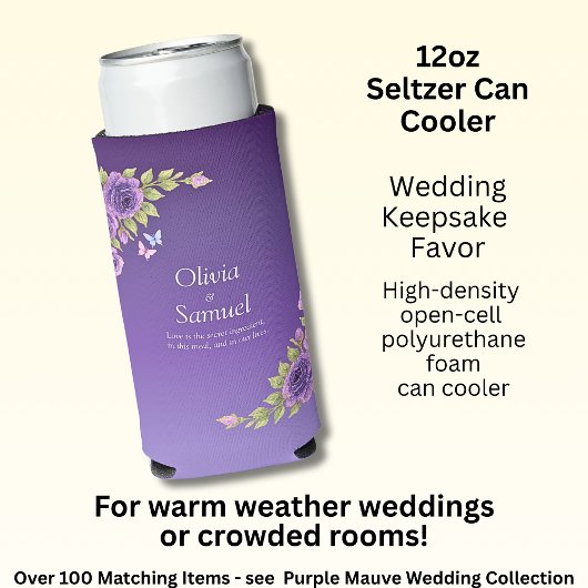 Rafraîchisseur Pour Canette Slim Purple Mauve Flowers & White Wedding