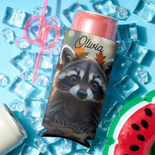 Rafraîchisseur Pour Canette Slim Raccoon mignon dans les feuilles d'automne Personn