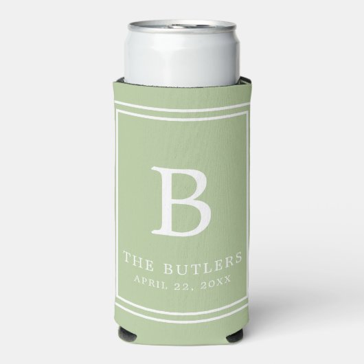 Rafraîchisseur Pour Canette Slim Sage Green Monogramme Mariage Seltzer Can Cooler (Seltzer Recto)