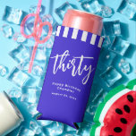 Rafraîchisseur Pour Canette Slim Simple Blue and White 30th Birthday Party<br><div class="desc">Il est temps de faire la fête pour fêter un panier de 30 ans avec cette boîte d'anniversaire moderne et audacieuse ou glacière bouteille. Ce design simple et élégant a un cool bleu cobalt et blanc arrière - plan avec des accents manuscrits blancs mélangés avec une police sans serif moderne....</div>