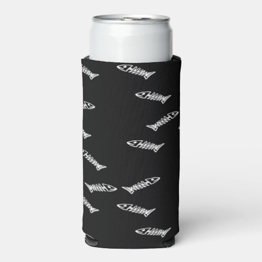 Rafraîchisseur Pour Canette Slim Squelette de poisson blanc motif noir (Seltzer Recto)
