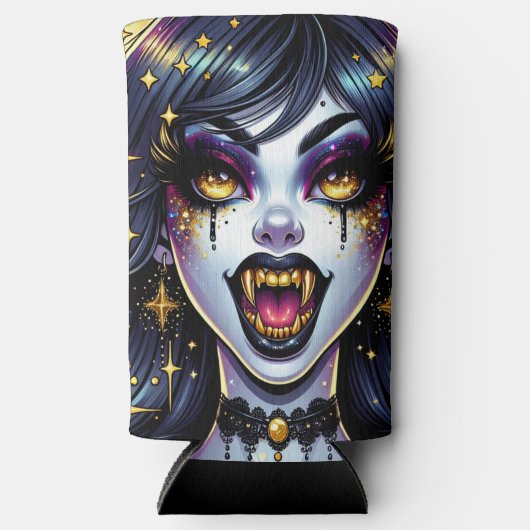 Rafraîchisseur Pour Canette Slim Vampire avec Gold Fangs Pleine lune Halloween Part (Recto)