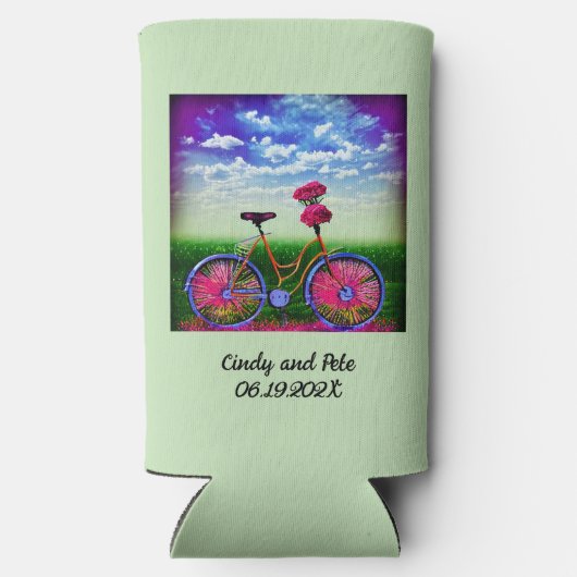 Rafraîchisseur Pour Canette Slim Vélo Imaginaire avec fleurs roses sur vert menthe (Verso)