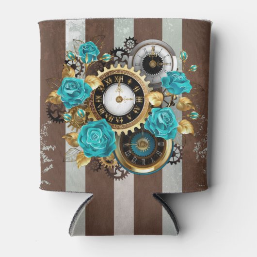 Rafraîchisseur Pour Canette Steampunk Clock and Turquoise Roses on Striped (Devant)