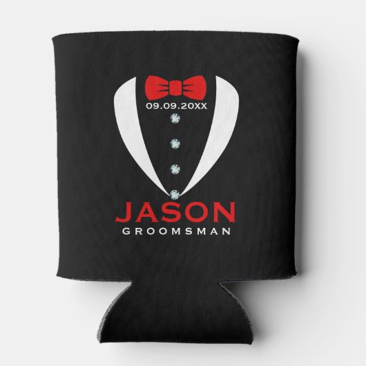 Rafraîchisseur Pour Canette Texte blanc Tuxedo Red BowTie & Groomsman (Dos)