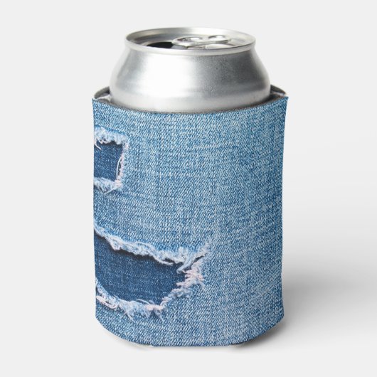 Rafraîchisseur Pour Canette Tissu en denim déchiré, teintes bleues. (Can devant)